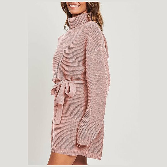 Women's 2024 Fall Sweater Dresses Turtleneck Batwing Pink - Picture 3 of 4